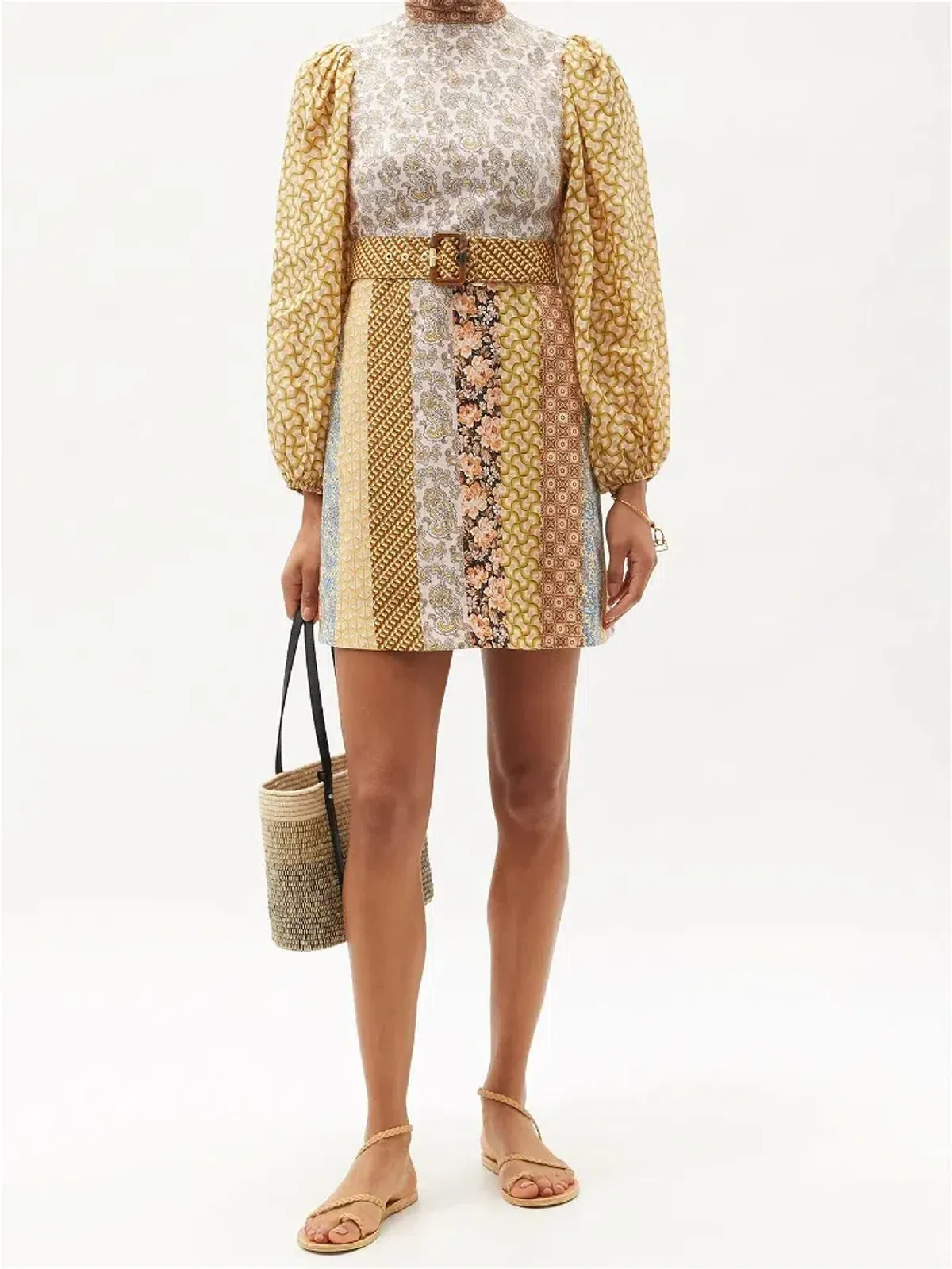 Zimmermann High Neck Patchwork Linen Mini Dress Brown Stripe Size 1 / AU 10 for rent on The Volte - main image