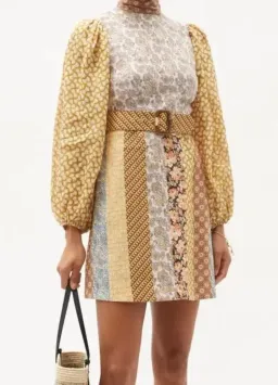 Zimmermann High Neck Patchwork Linen Mini Dress Brown Stripe Size 1 / AU 10 for rent on The Volte - image 2