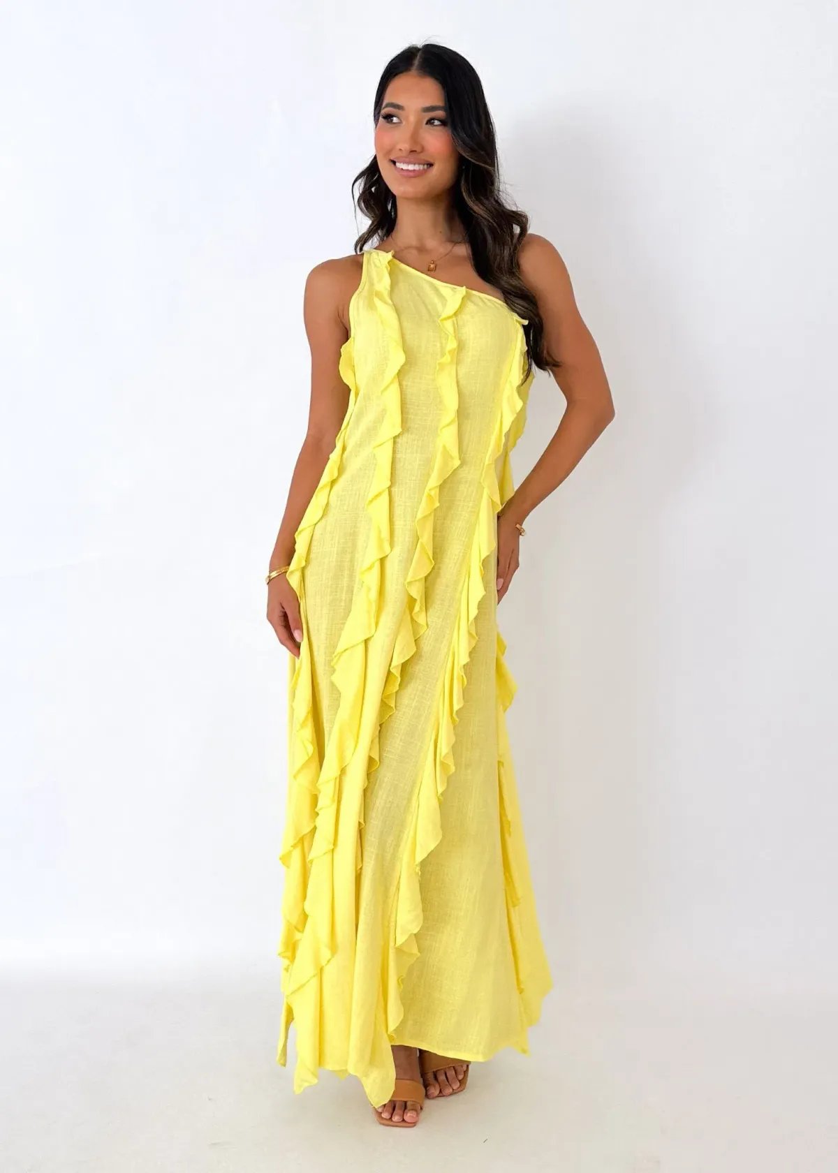 Gingham & Heels Madro One Shoulder Midi Dress Lemon Size 8 for rent on The Volte - main image