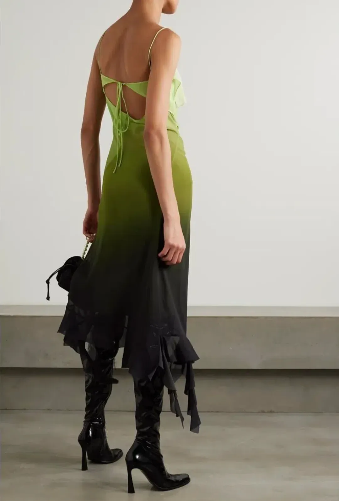 Acne Studios Asymmetric Ruffled Ombré Chiffon Midi Dress Green Size 10 for rent on The Volte - main image
