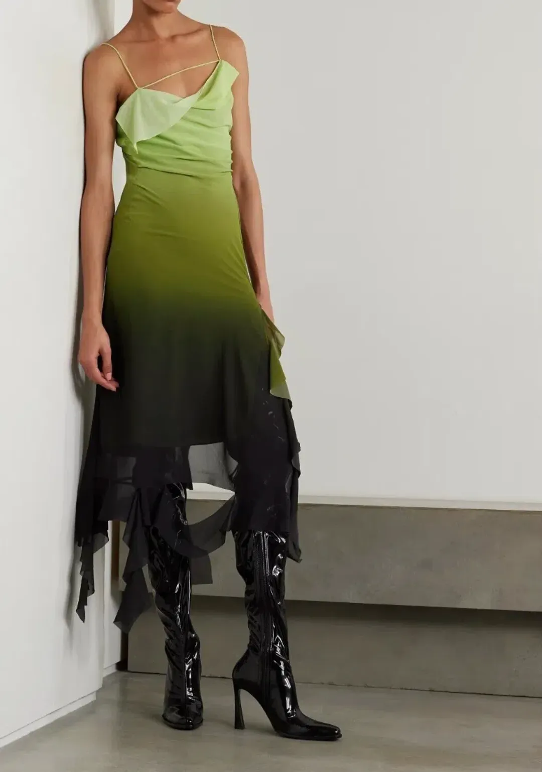 Acne Studios Asymmetric Ruffled Ombré Chiffon Midi Dress Green Size 10 for rent on The Volte - main image