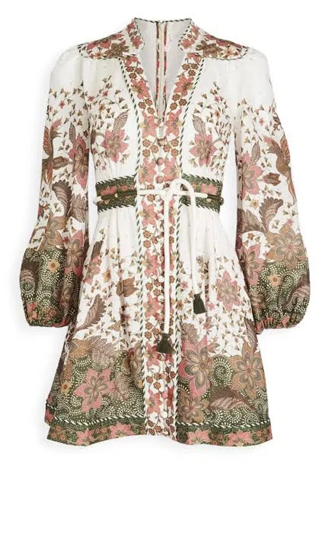 Zimmermann Empire Batik Mini Dress Khaki/Floral Size 3 / AU 14 for rent on The Volte - main image