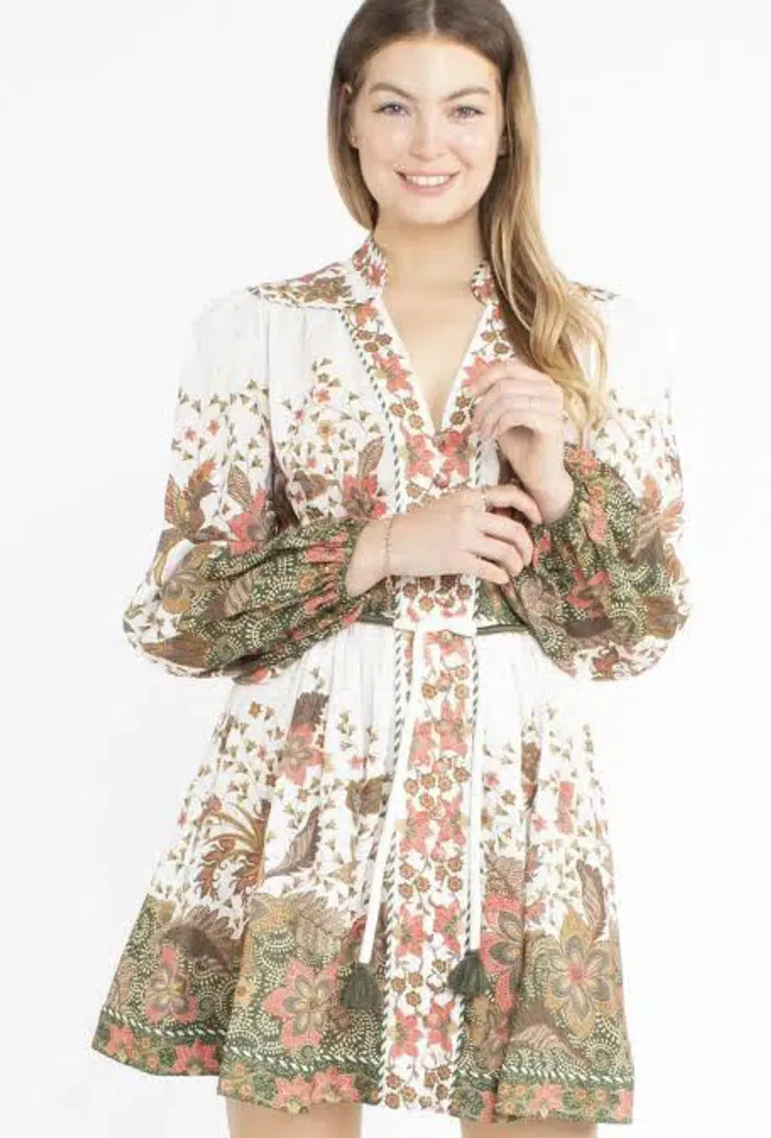 Zimmermann Empire Batik Mini Dress Khaki/Floral Size 3 / AU 14 for rent on The Volte - main image