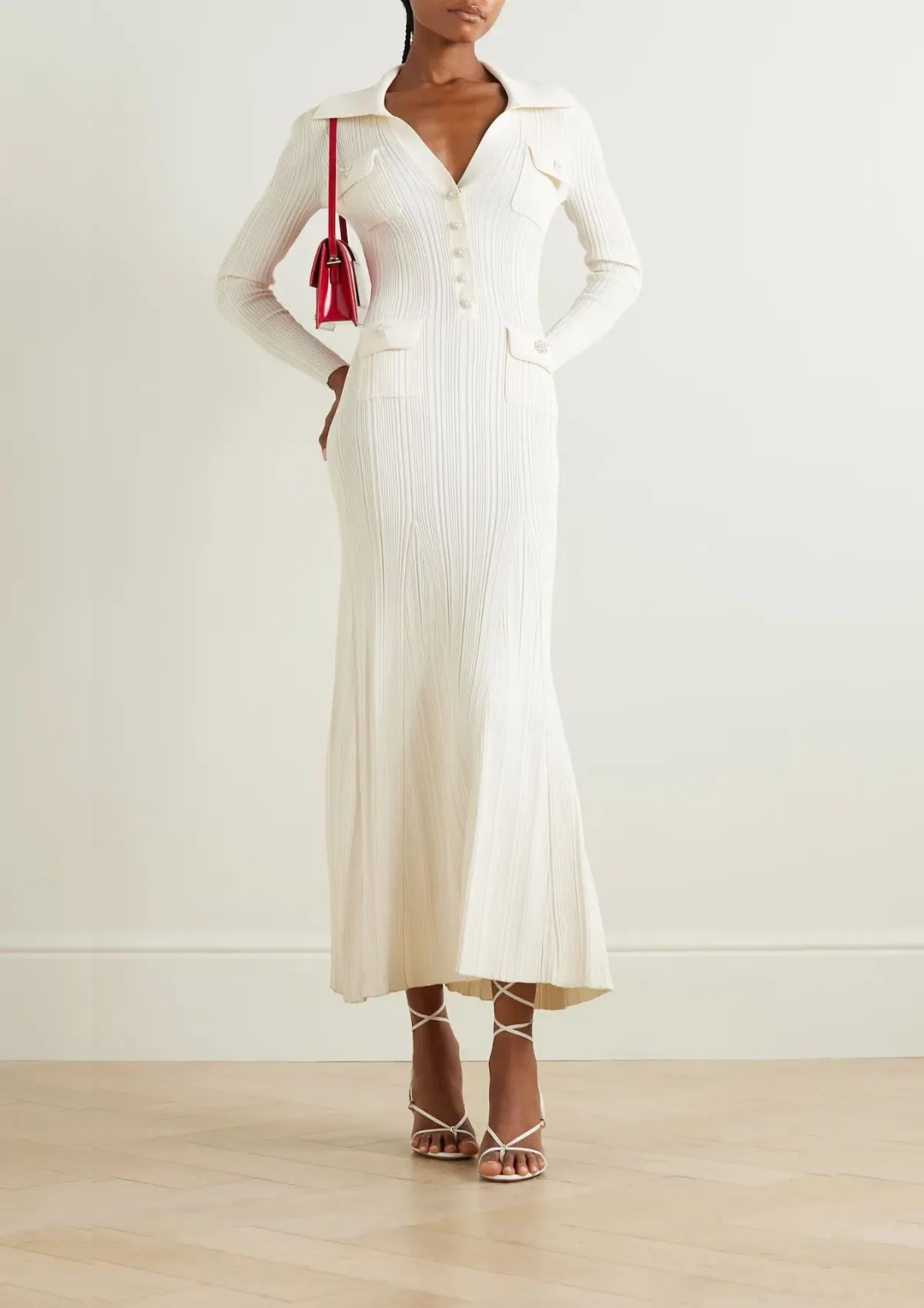 Self Portrait Embellished Ribbed Knit Maxi Dress Cream Size S / AU 8  for rent on The Volte - main image