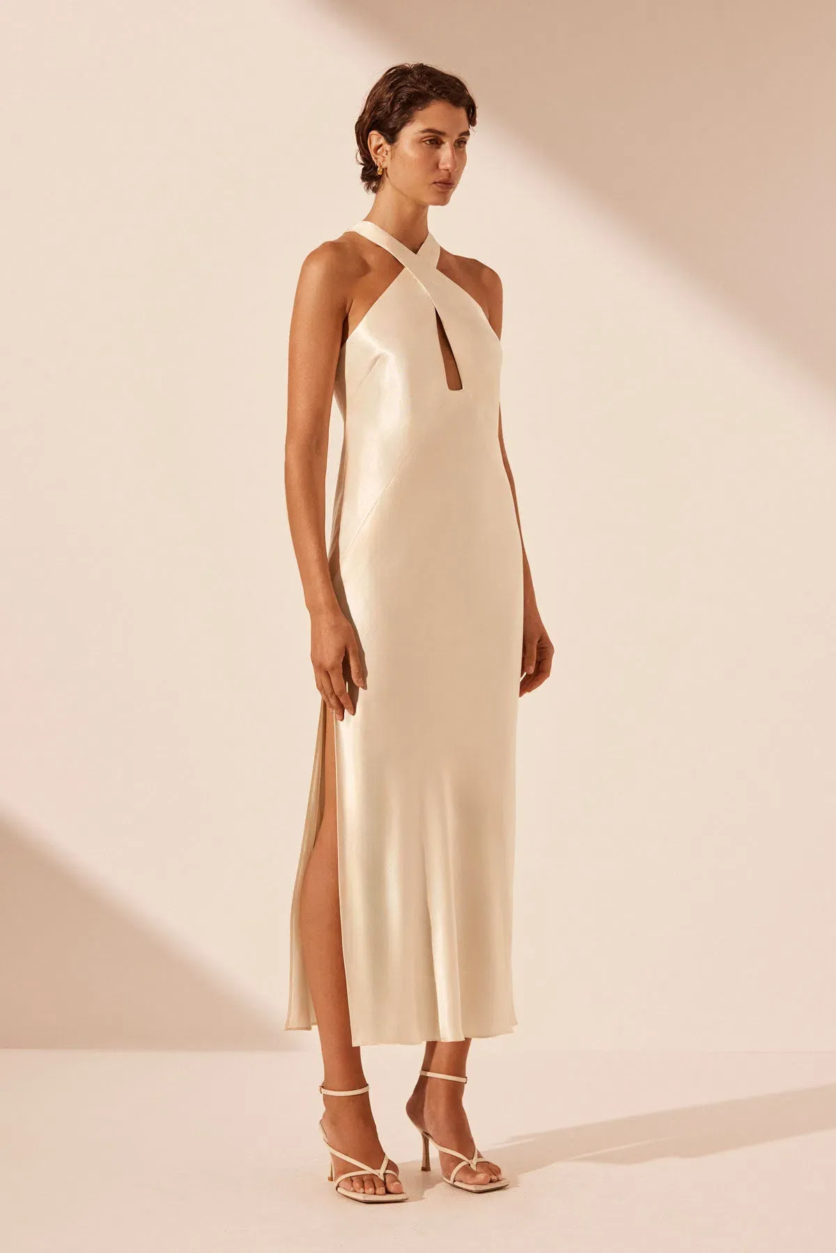 Shona Joy La Lune Cross Front Keyhole Midi Dress Cream Size 12 for rent on The Volte - main image
