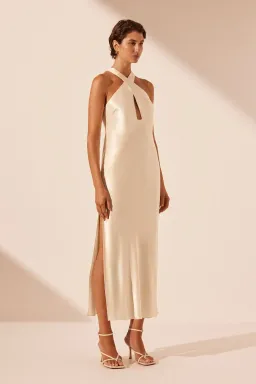 Shona Joy La Lune Cross Front Keyhole Midi Dress Cream Size 12 for rent on The Volte - image 1