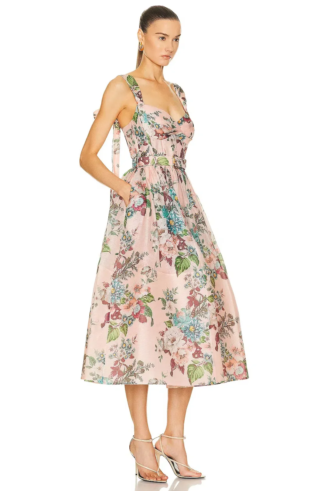 Zimmermann  Matchmaker Midi Dress Pink Barkcloth Floral Print  Size 2 / AU 12 for rent on The Volte - main image
