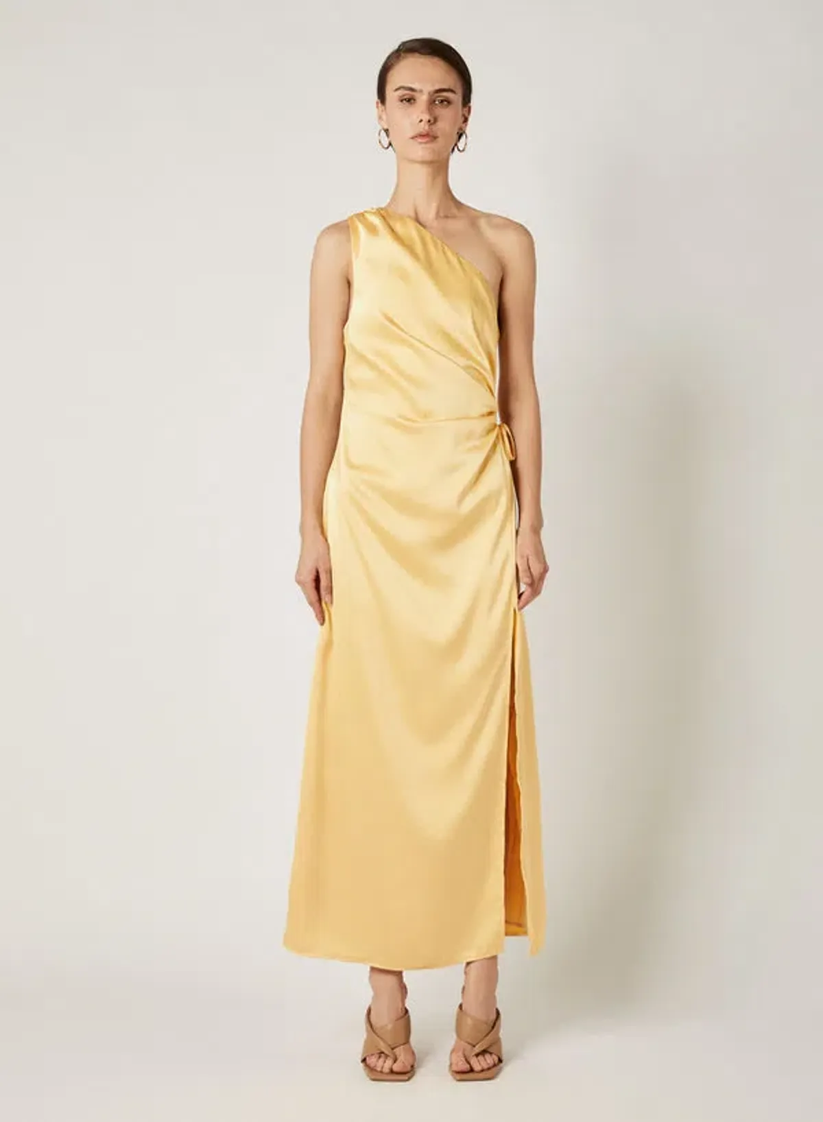 Esmaee Ariel Drawstring Midi Dress Yellow Lemon Size 8 for rent on The Volte - main image