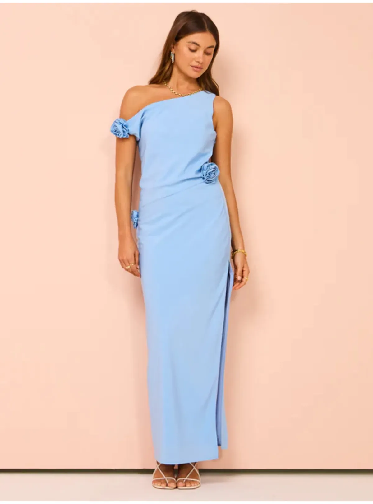 Issy Off Shoulder Flower Maxi Dress In Blue Size AU 12 for rent on The Volte - main image
