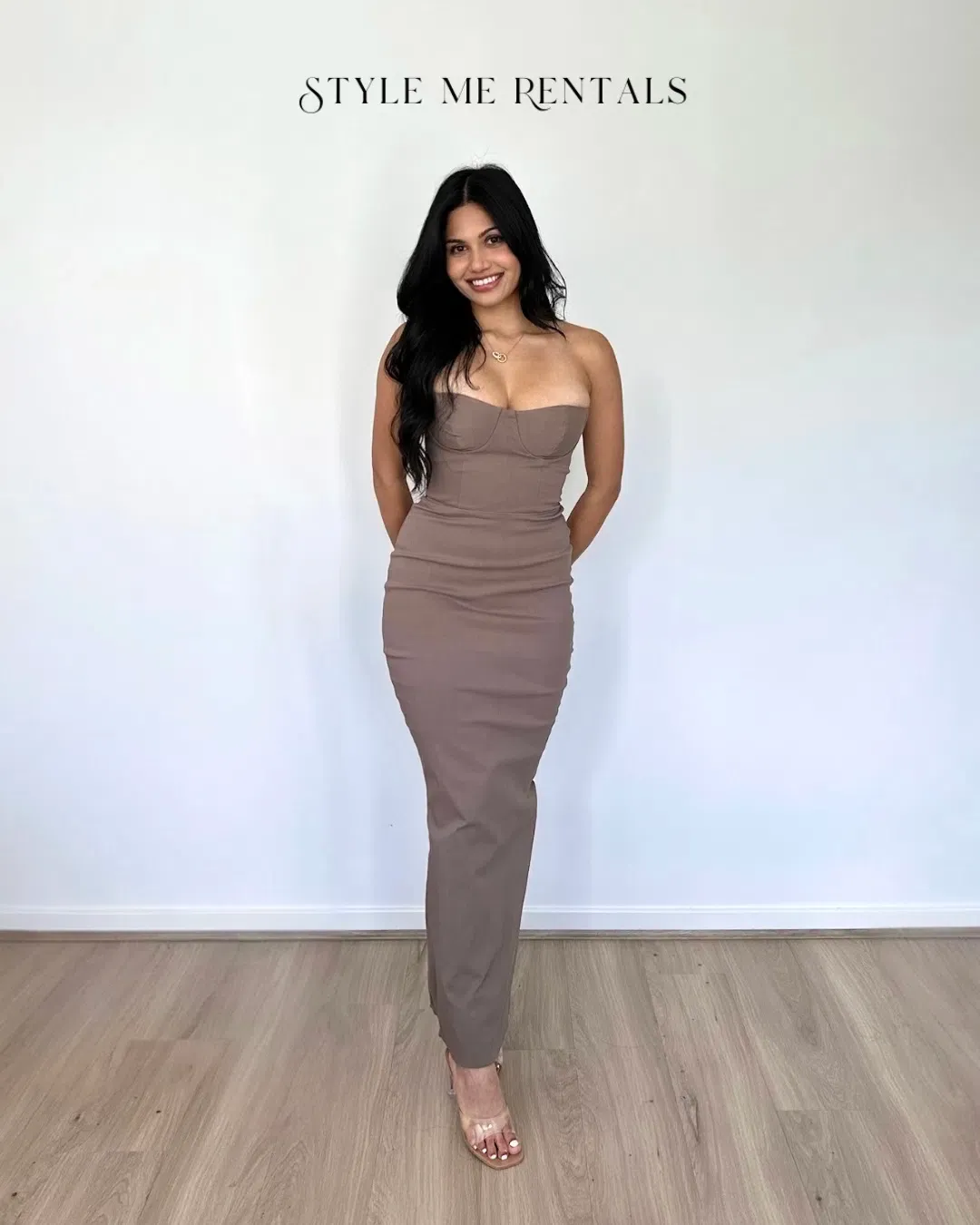 House of CB Lucia Strapless Corset Maxi Dress Taupe Size M / AU 10 Regular Bust Cup for rent on The Volte - main image