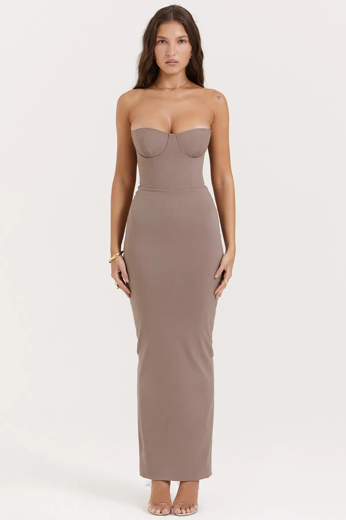 House of CB Lucia Strapless Corset Maxi Dress Taupe Size M / AU 10 Regular Bust Cup for rent on The Volte - main image