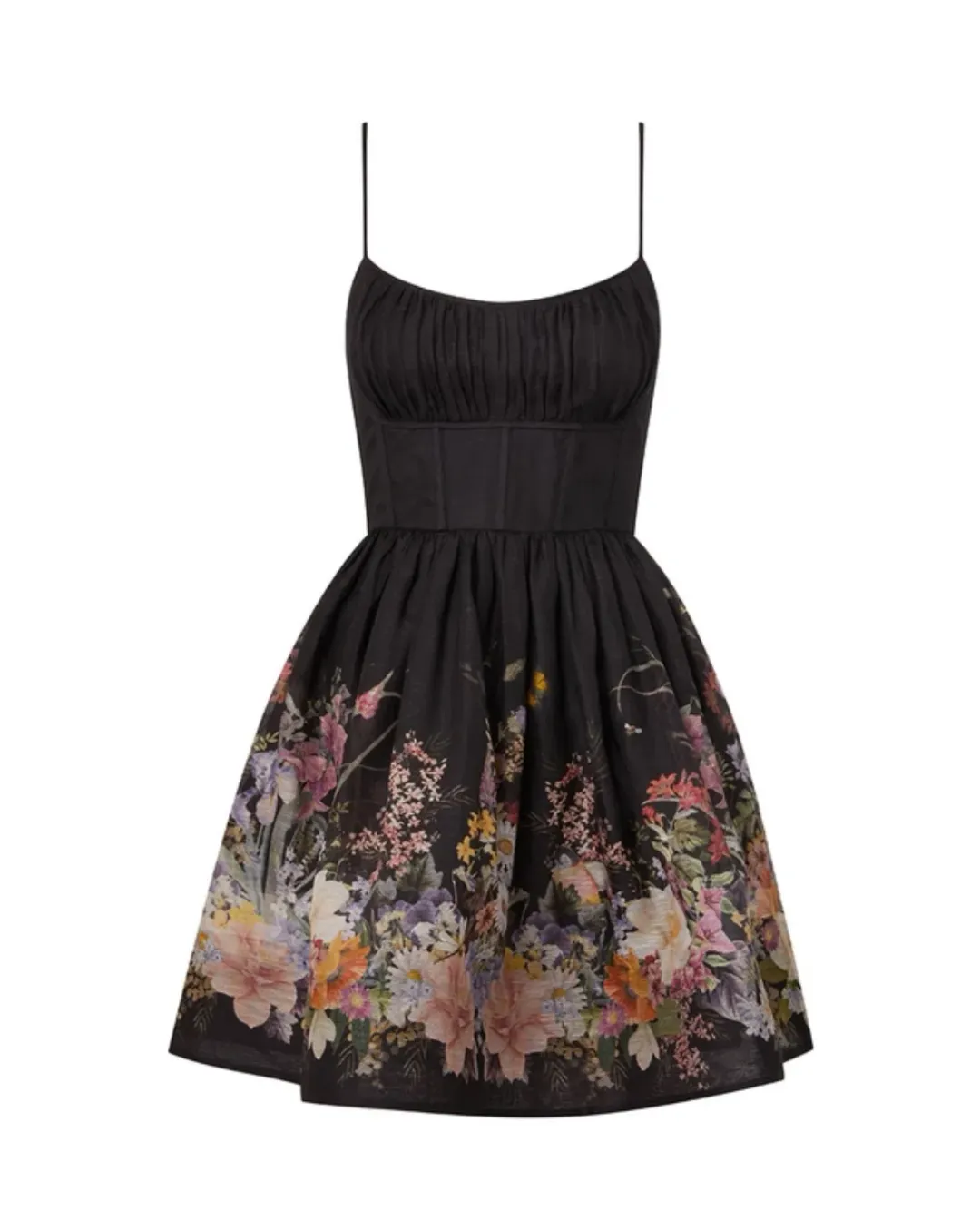 Zimmermann size 6 The Natura Ruched Mini Dress in Black Wild Flowers Size 0P/AU 6  for rent on The Volte - main image