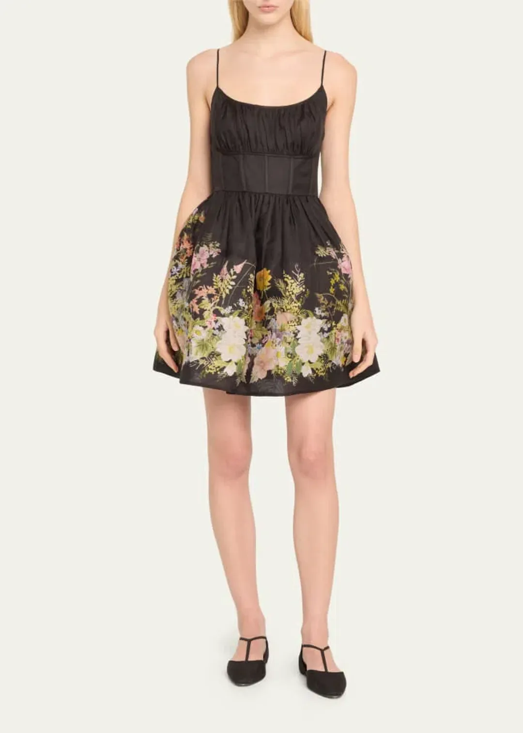 Zimmermann size 6 The Natura Ruched Mini Dress in Black Wild Flowers Size 0P/AU 6  for rent on The Volte - main image