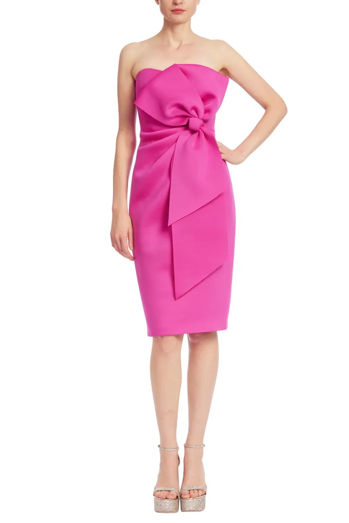 Badgley Mischka Strapless Front Bow Sheath Cocktail Dress Fuchsia Size AU 6 for rent on The Volte - main image