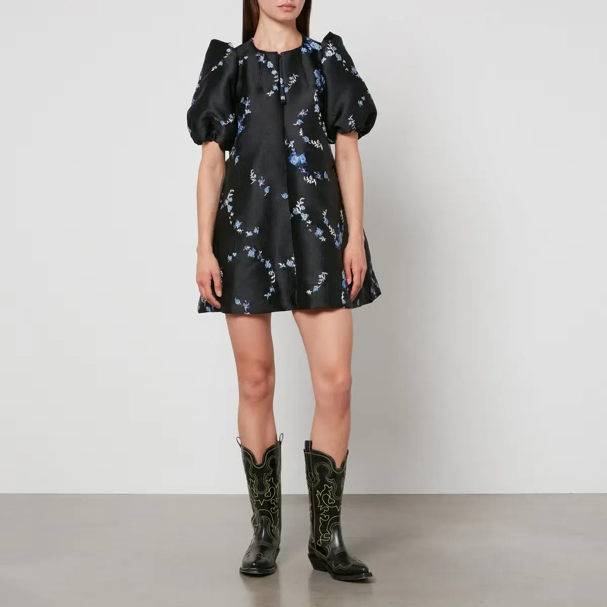 Ganni Floral-Jacquard Mini Dress Black Print Size AU 12 for rent on The Volte - main image