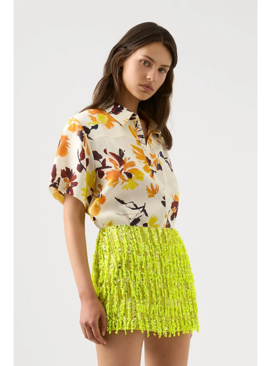 Aje Green Garni Sequin Micro Mini Skirt Green Sequin Size AU 14 for rent on The Volte - main image