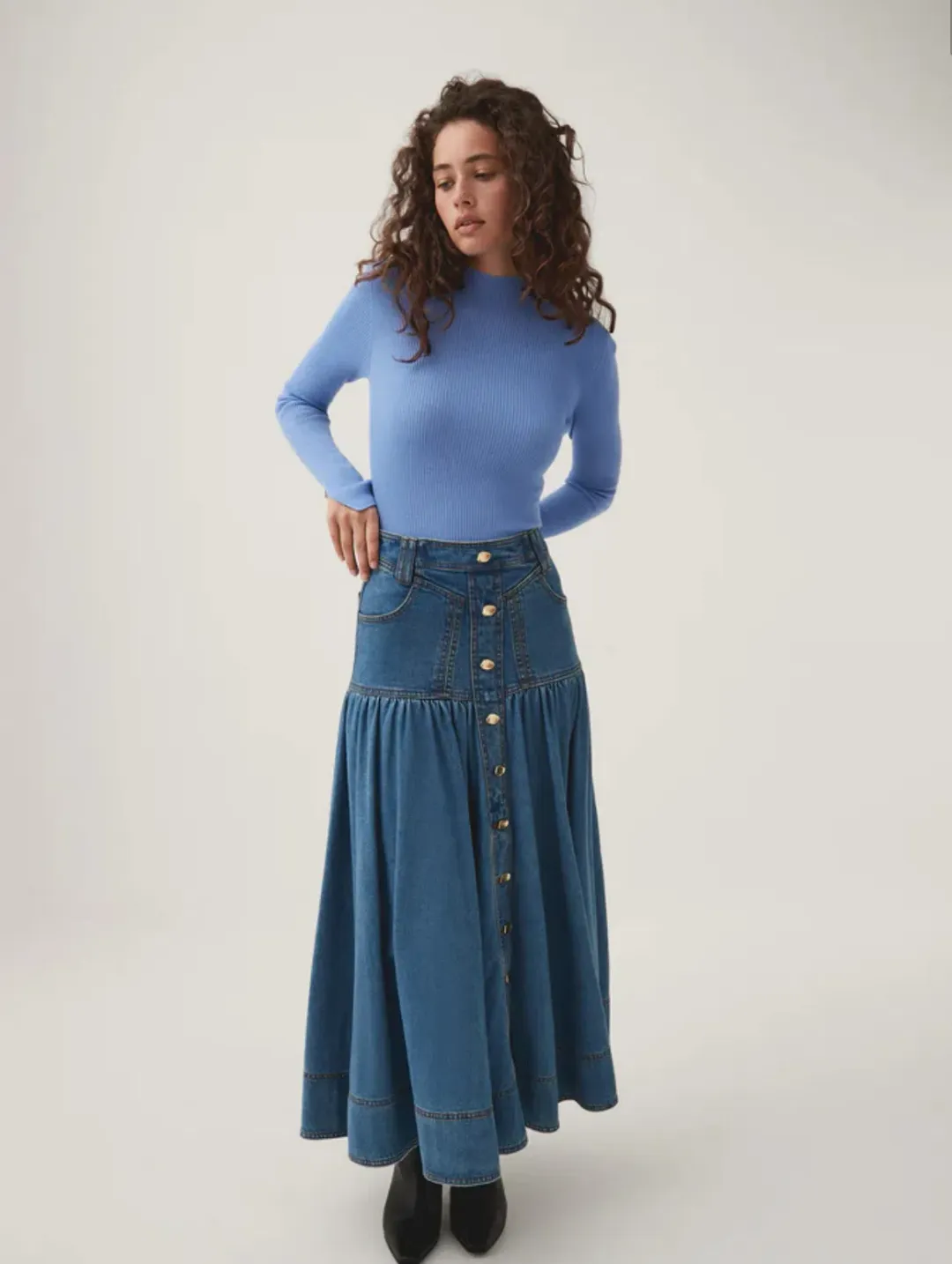 Aje Belmond Denim Midi Skirt 90's Wash Size 16 for rent on The Volte - main image