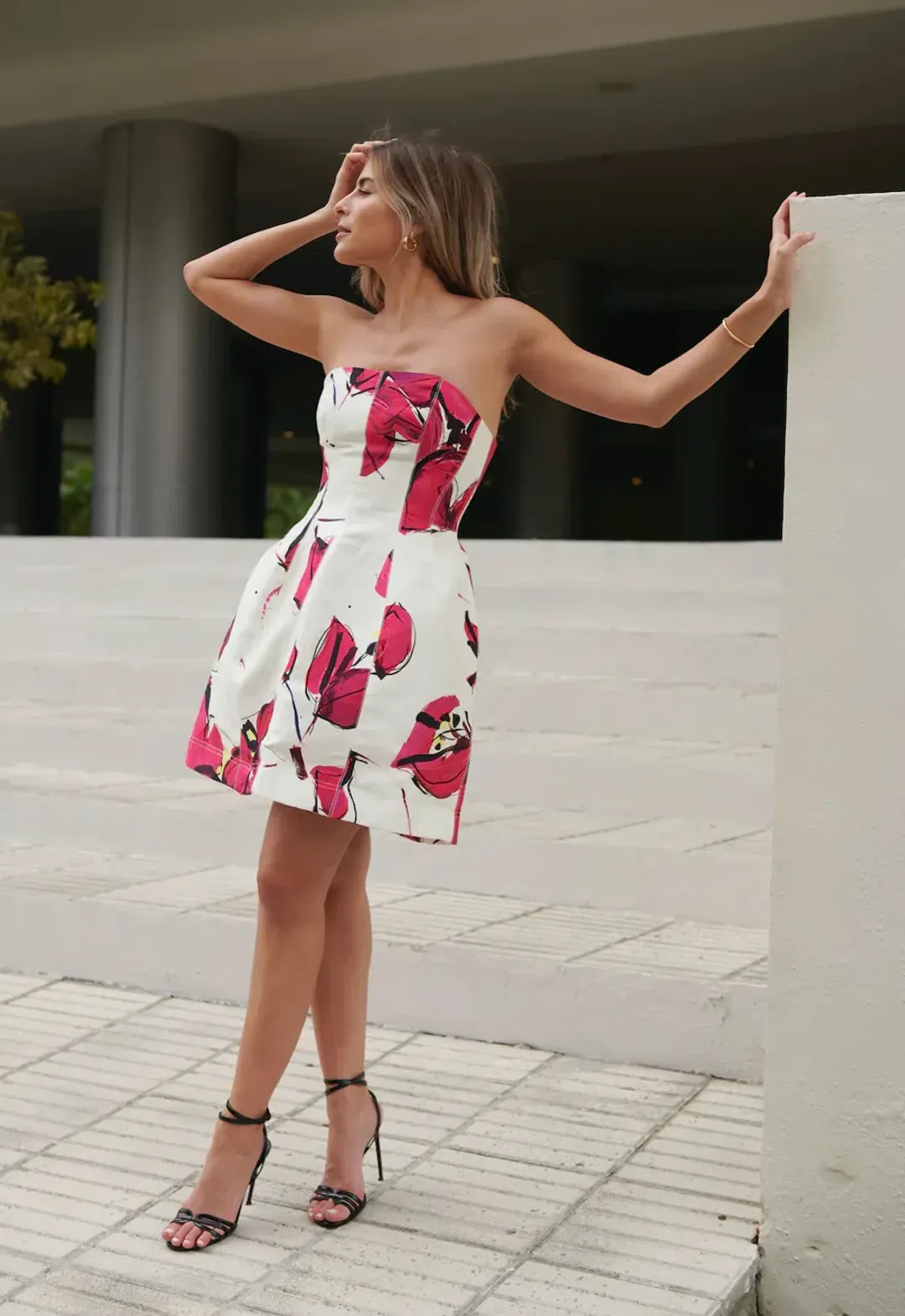 Aje Baret Strapless Mini Dress Falling Florals Size 8 for rent on The Volte - main image
