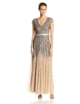 Adrianna Papell Sequinned V-Neck Cap Sleeve Gown - Gold - Size 16 for rent on The Volte - image 2