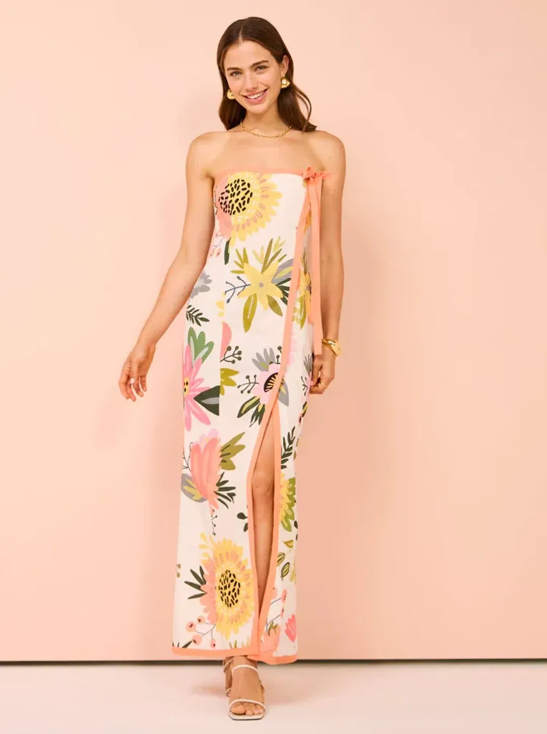 By Nicola Claudia Strapless Wrap Maxi Dress In Potpourri/Melon Size 8 for rent on The Volte - main image