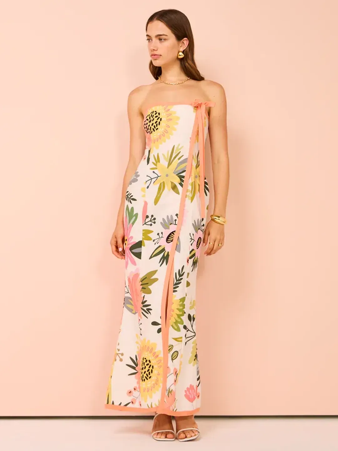 By Nicola Claudia Strapless Wrap Maxi Dress In Potpourri/Melon Size 8 for rent on The Volte - main image