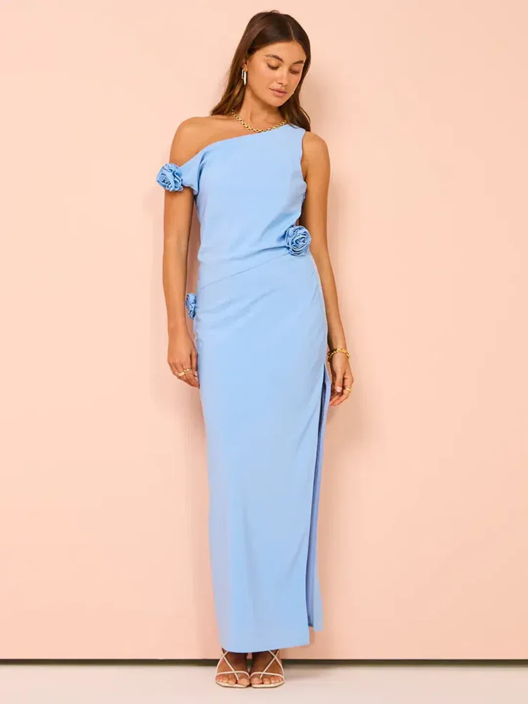 Issy Off Shoulder Flower Maxi Dress In Blue Size AU 12 for rent on The Volte - main image