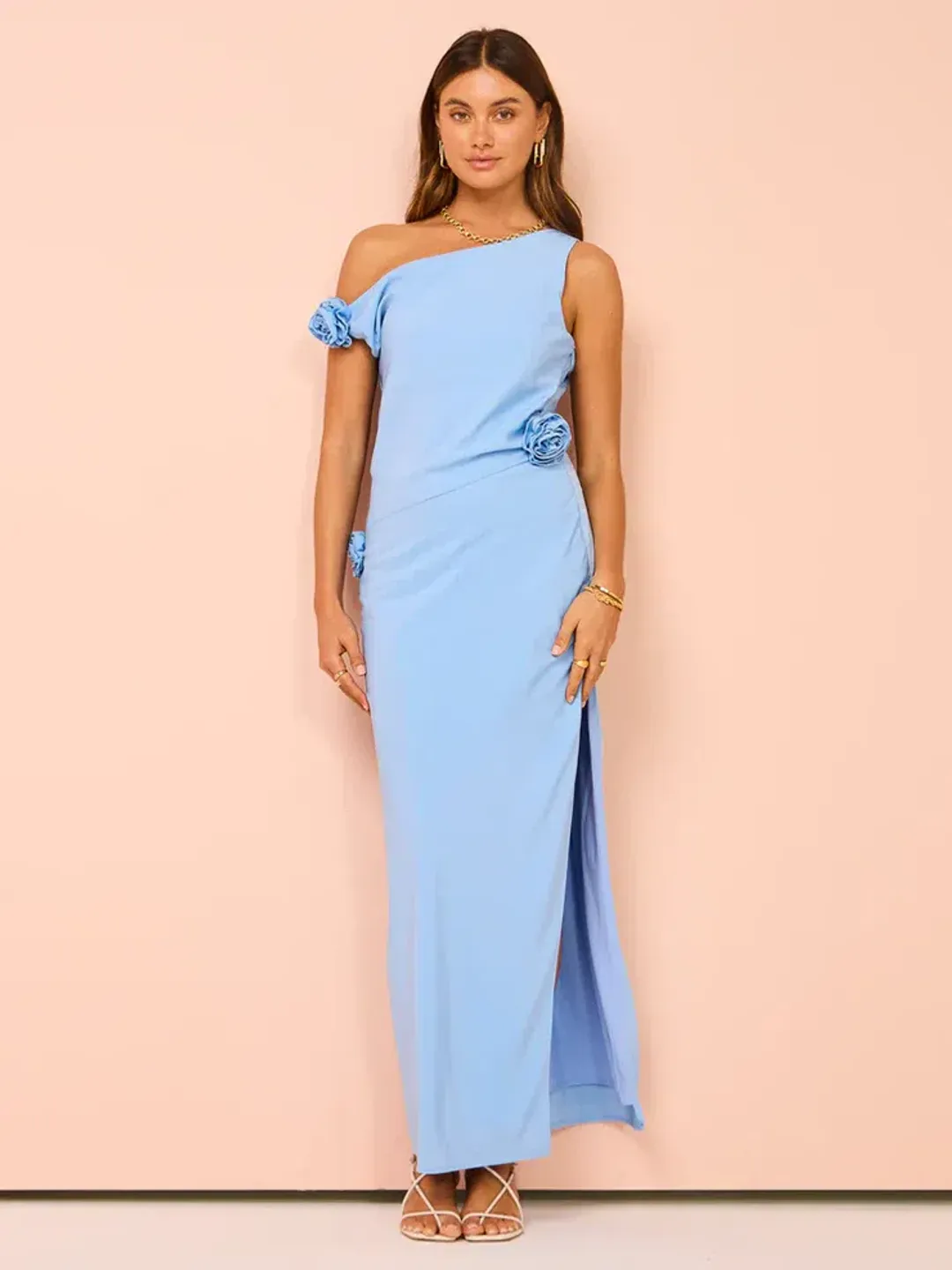 Issy Off Shoulder Flower Maxi Dress In Blue Size AU 12 for rent on The Volte - main image