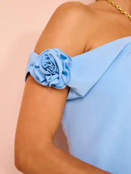 Issy Off Shoulder Flower Maxi Dress In Blue Size AU 12 for rent on The Volte - image 4