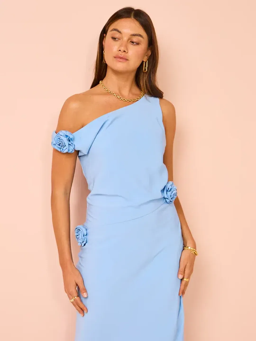 Issy Off Shoulder Flower Maxi Dress In Blue Size AU 12 for rent on The Volte - main image