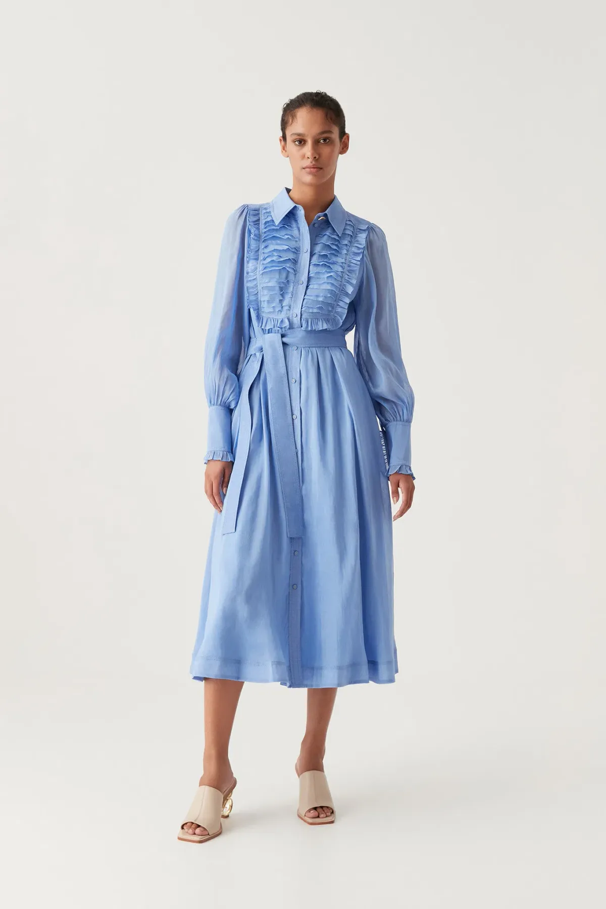 Aje Iris Pleated Bib Midi Dress in Mist Blue Size 16 for rent on The Volte - main image