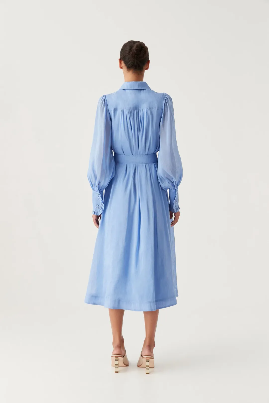 Aje Iris Pleated Bib Midi Dress in Mist Blue Size 16 for rent on The Volte - main image