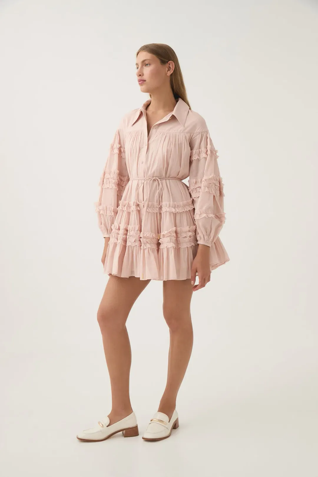 Aje Pastiche Tiered Mini Dress in Blush Pink Size 16 for rent on The Volte - main image