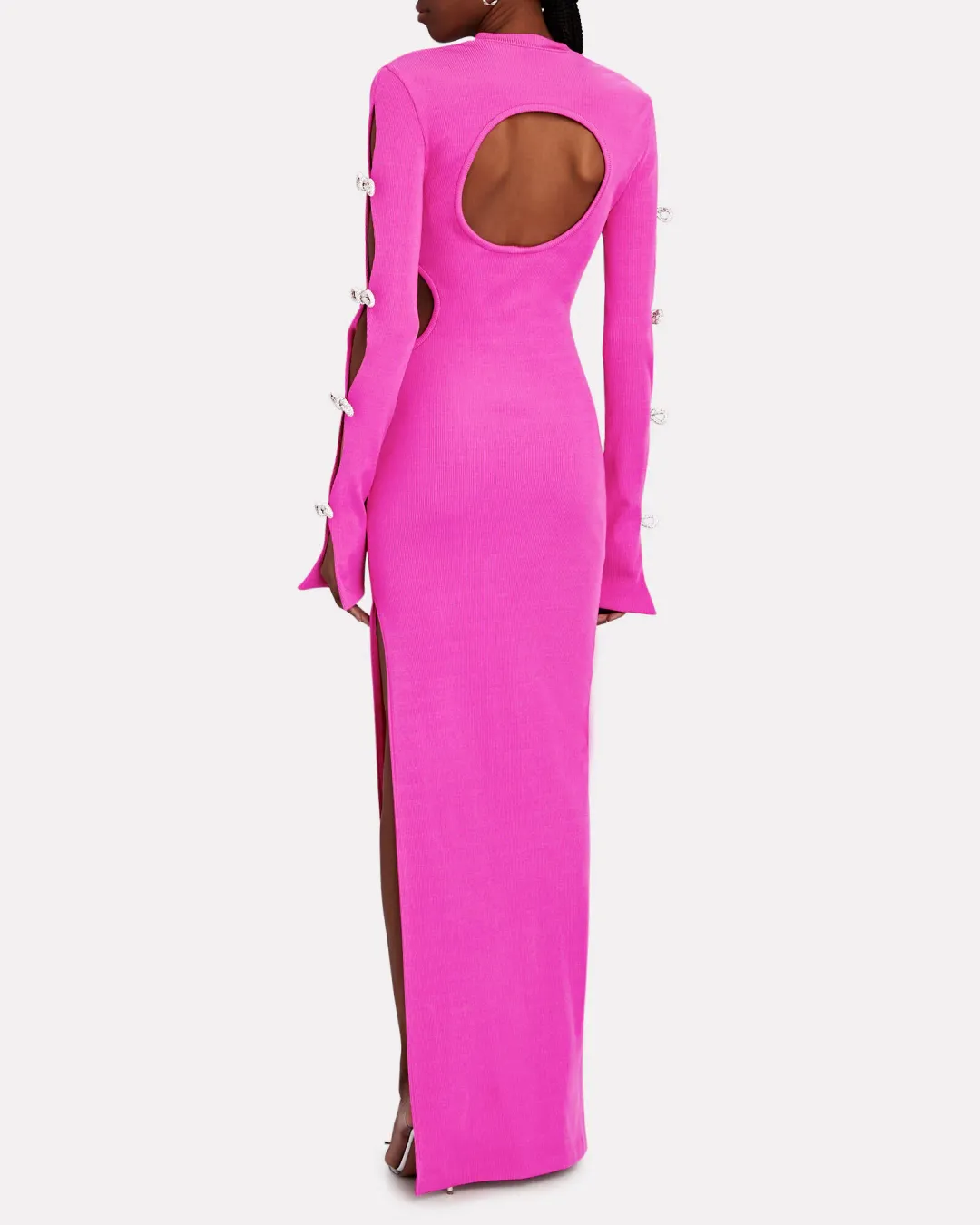Mach & Mach Stretch Knit Cut Out Crystal Bow Sleeves Maxi Dress Pink Size 8 for rent on The Volte - main image