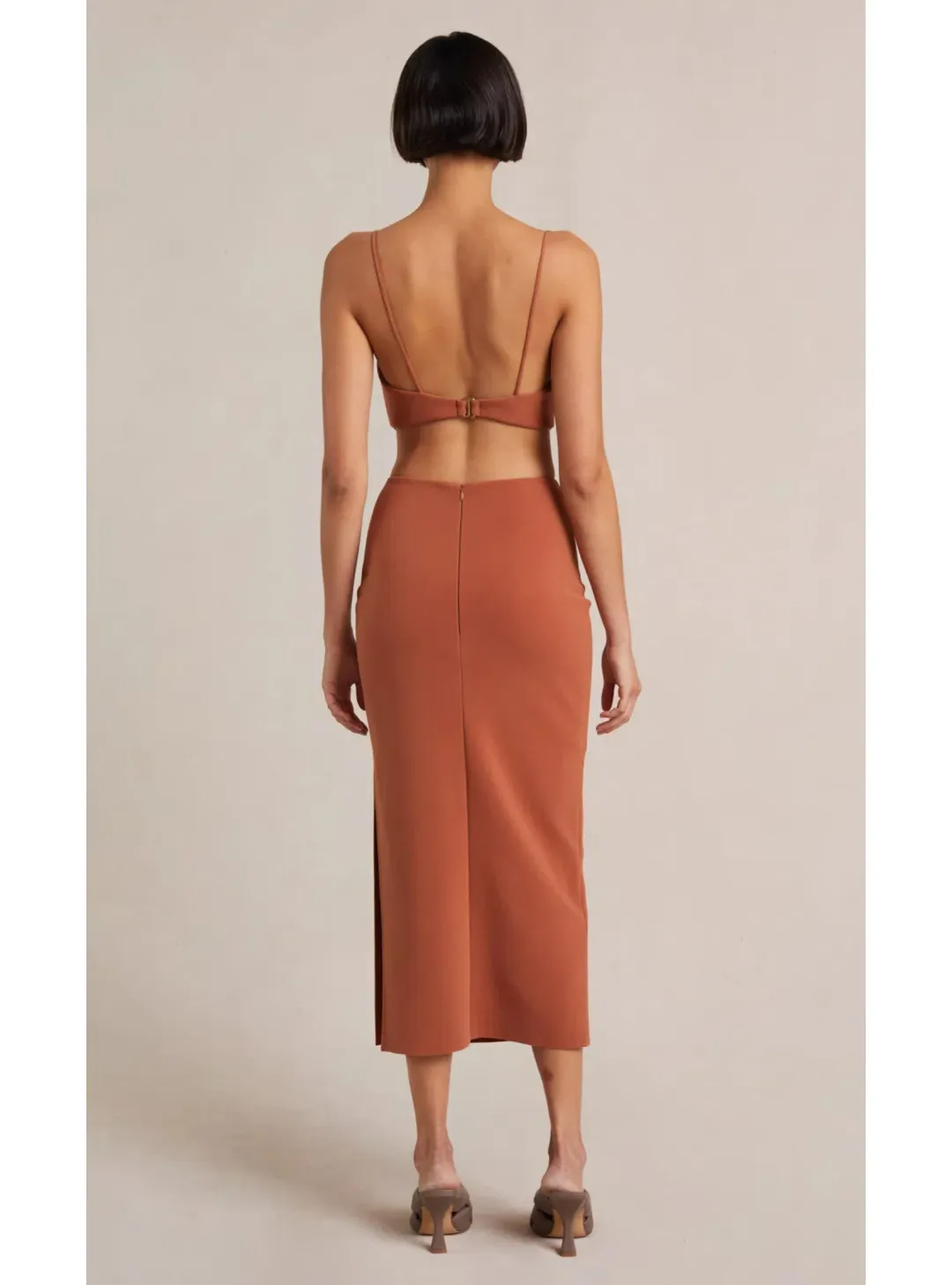 Bec & Bridge Alba Cut Out Midi Dress Terracotta  Size AU 8 for rent on The Volte - main image