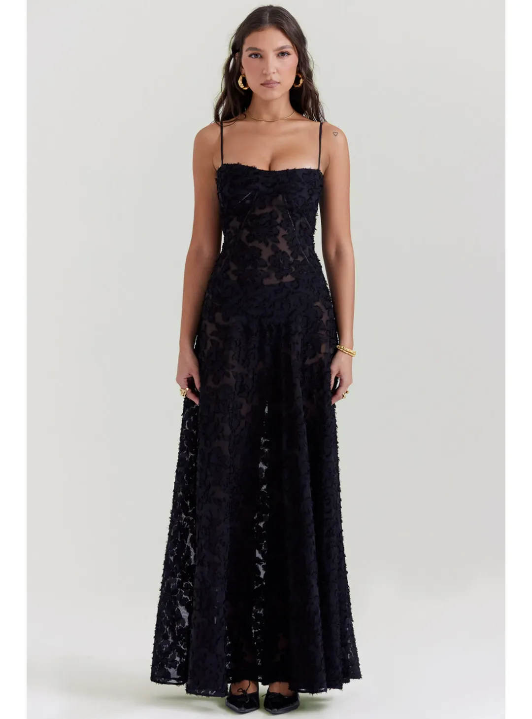 House Of CB Seren Lace Back Maxi Dress Black Floral Size M / AU 10 for rent on The Volte - main image