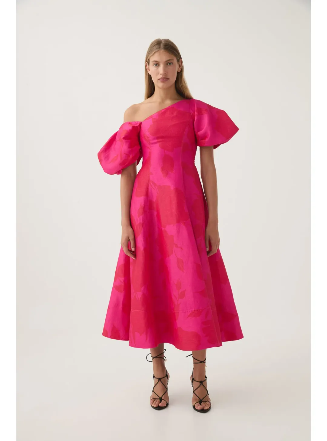 Aje Arista Tulip Sleeve Midi Dress Fluorescent Rose Size AU 10  for rent on The Volte - main image