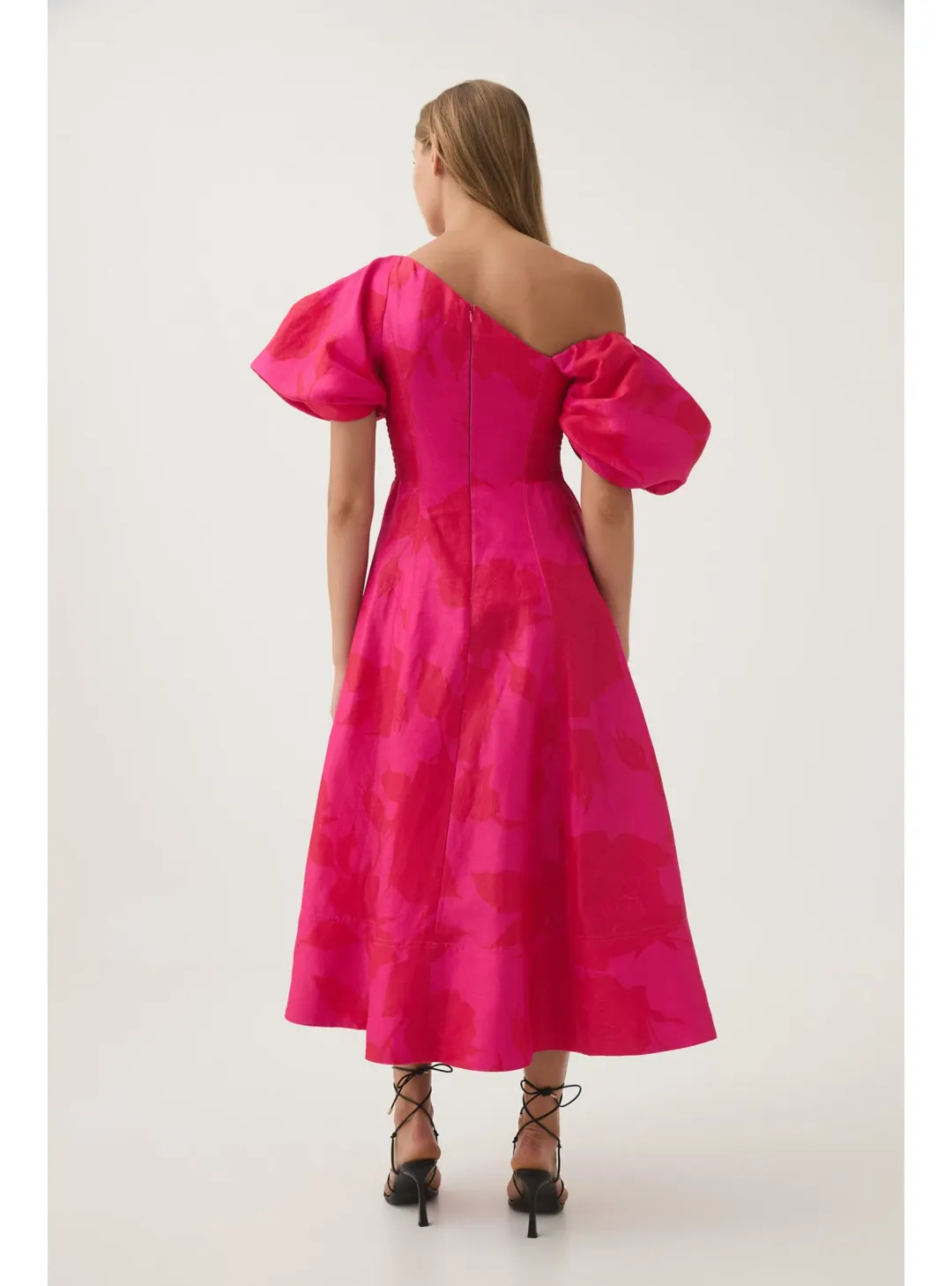 Aje Arista Tulip Sleeve Midi Dress Fluorescent Rose Size AU 10  for rent on The Volte - main image