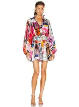 Zimmermann Wavelength Sleeve Mini Dress Pink Poster Print Size 0 / AU 8  for rent on The Volte - image 1
