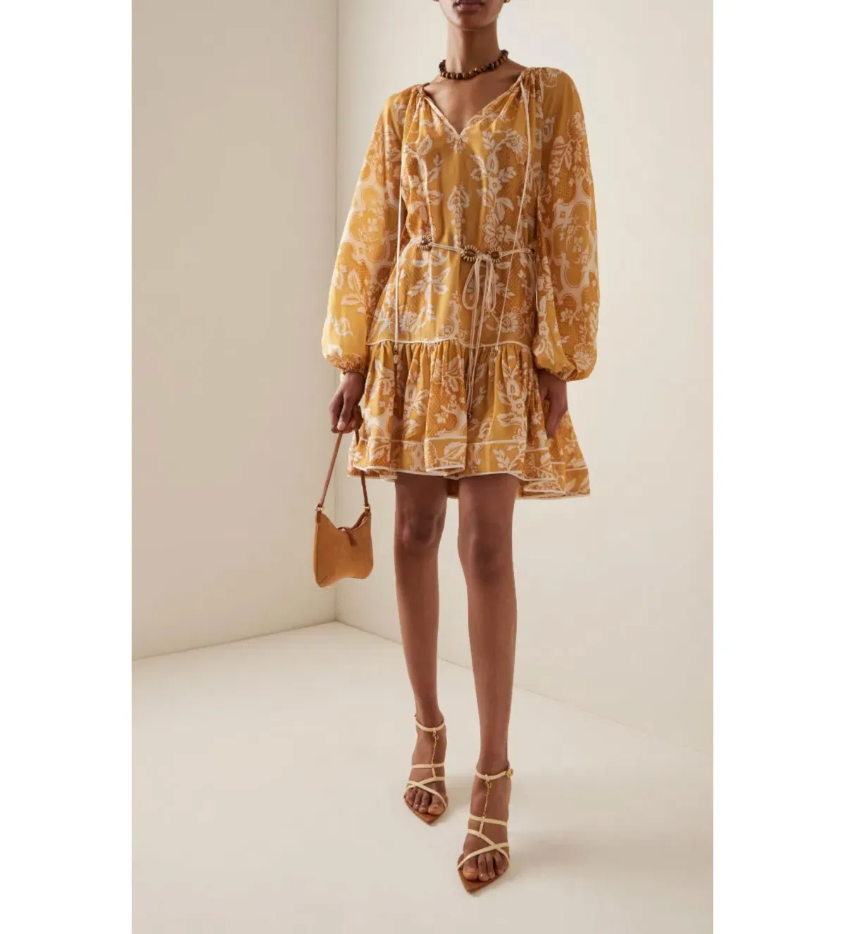 Zimmermann Raie Tiered Billow Mini Dress in Gold Damask Size 0/8 AU for rent on The Volte - main image