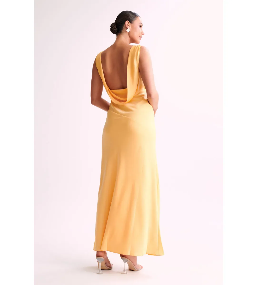 MESHKI Nadia Maxi Satin Dress With Back Cowl Lemon Size 12 for rent on The Volte - main image