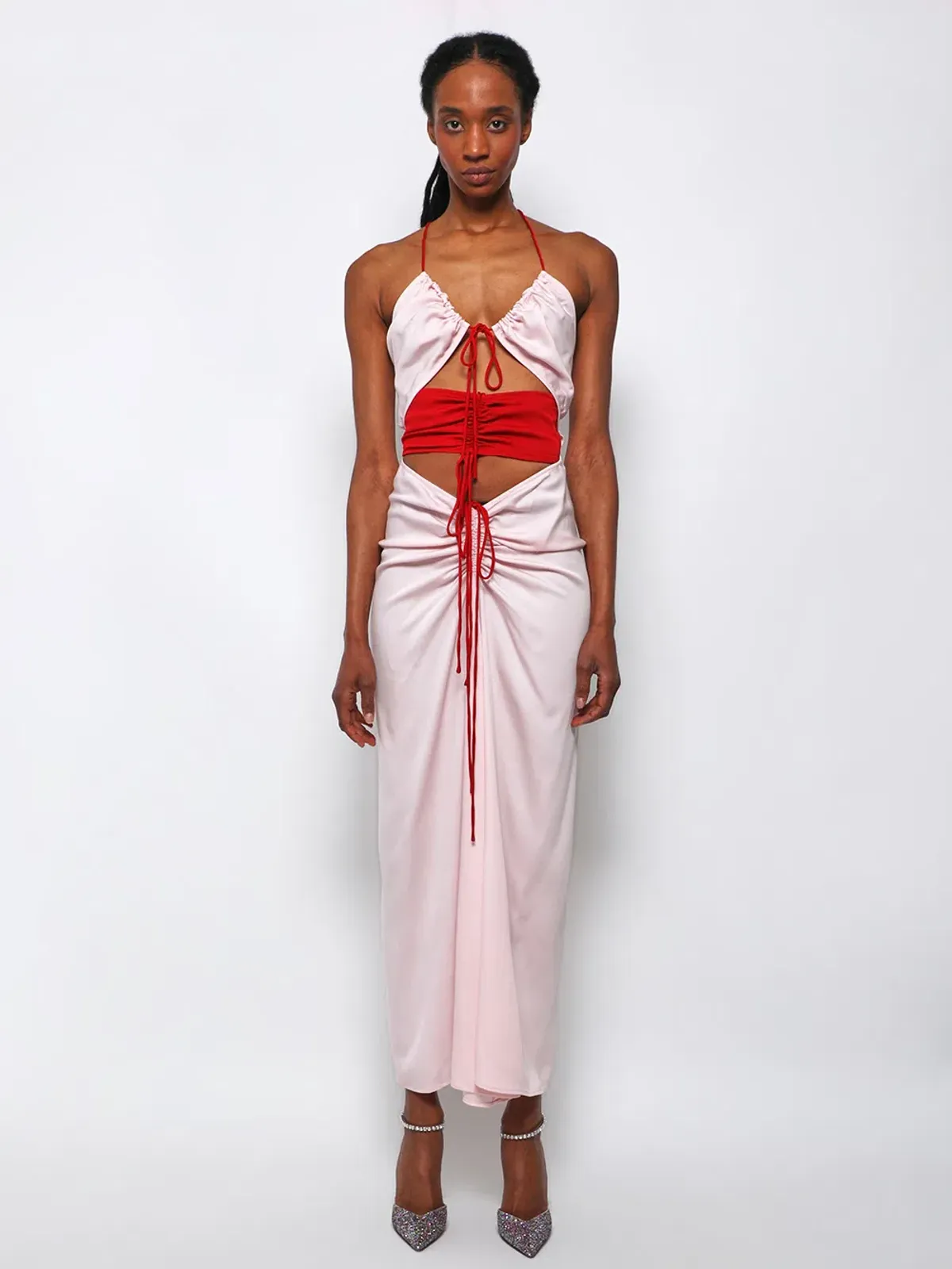 Christopher Esber Multi Panel Disconnect Ruched Halter Dress  Rose Quartz Size 12 AU for rent on The Volte - main image