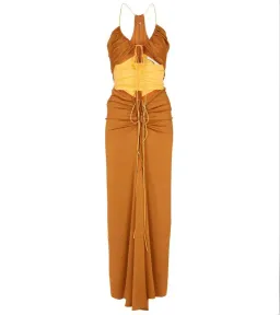 Christopher Esber  Multi Panel Disconnect Ruched Halter Dress Caramel/Chalky Yellow Size 12 AU for rent on The Volte - image 3