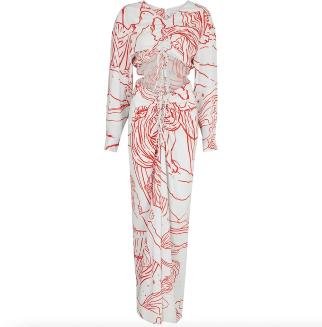 Christopher Esber Ruched Disconnect Shirt Dress Odyssey Print in Red/Ice  Size 4 AU for rent on The Volte - main image