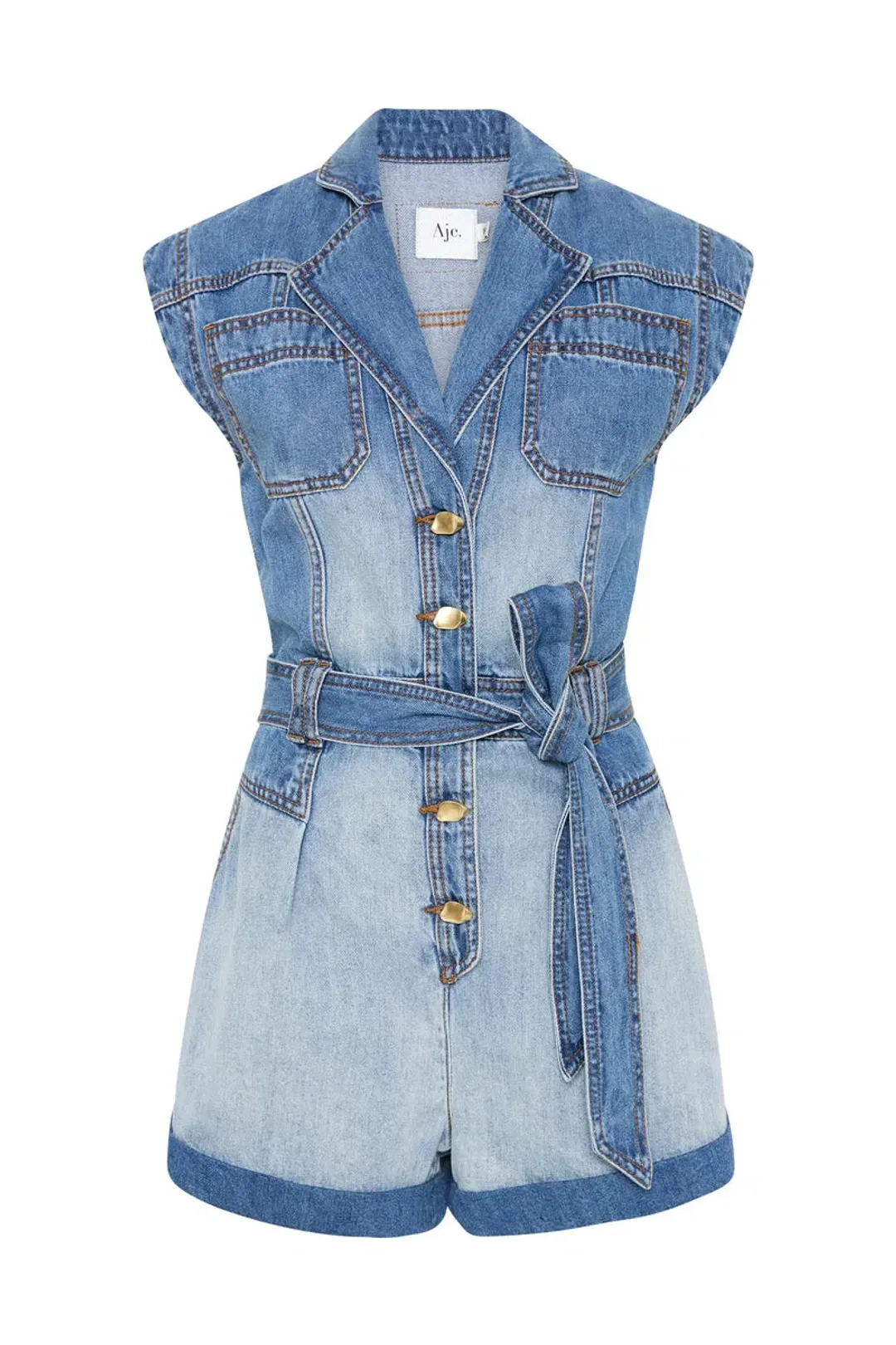 Aje Ines Panelled Denim Playsuit Twintone Indigo Size 14  for rent on The Volte - main image