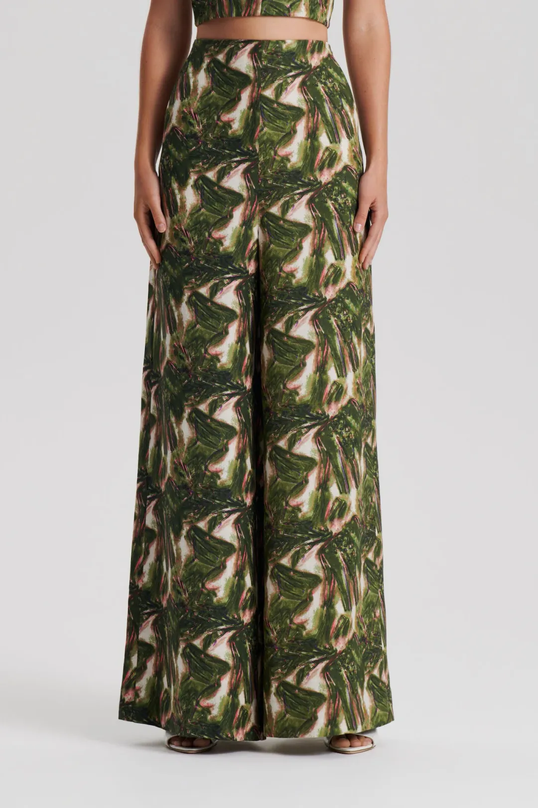 Scanlan Theodore Italian Printed Linen Bralette in Size 10 & Trouser in Size 8 Set Khaki for rent on The Volte - main image