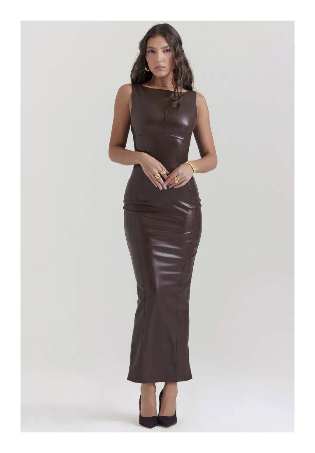House of CB Sahara Vegan Leather Maxi Dress in Cocoa Size XS/ AU 6 for rent on The Volte - main image