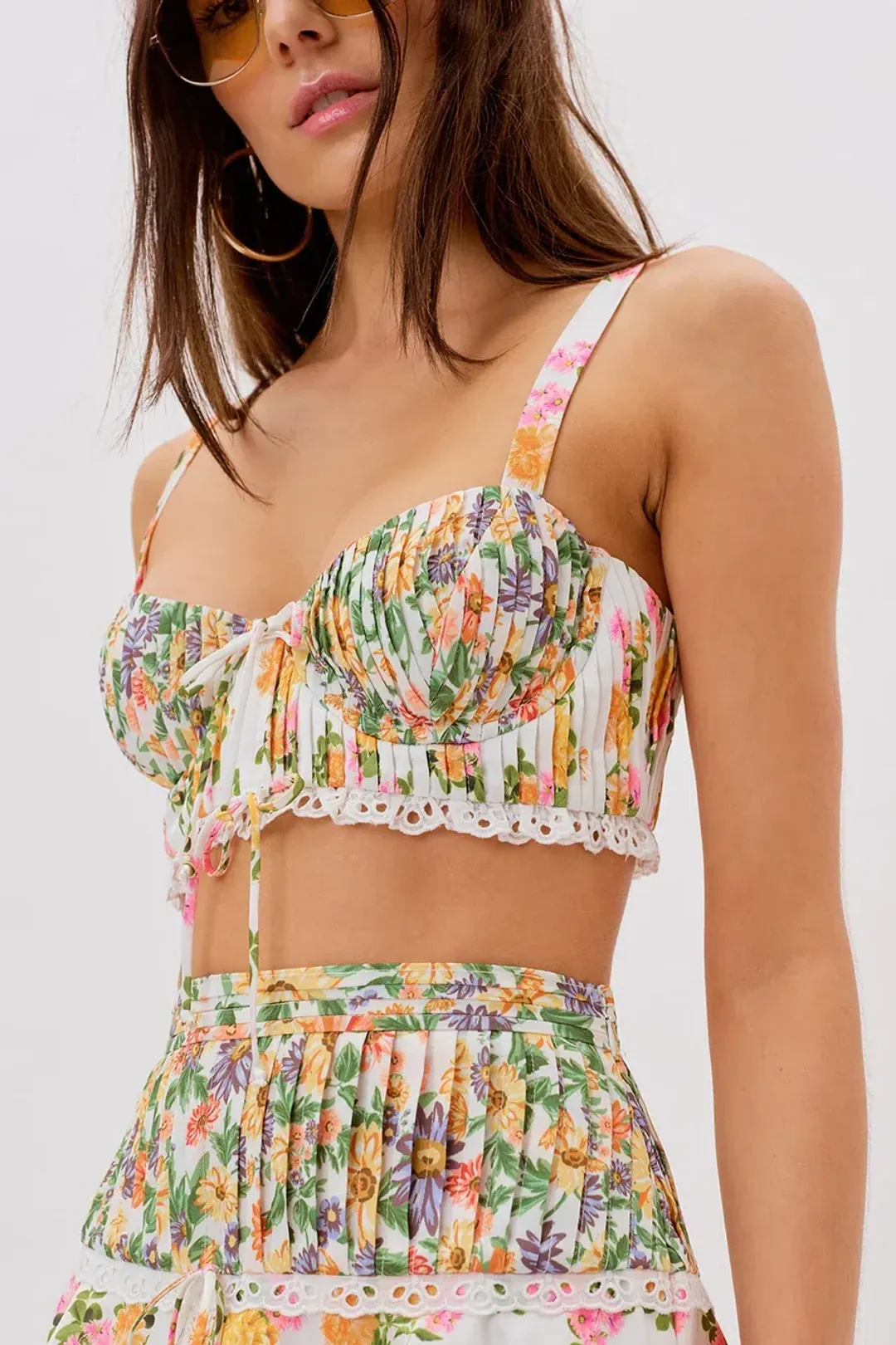 For Love and Lemons Rosalyn Crop Top Size XS and Mini Skirt Size XXS Set Floral for rent on The Volte - main image