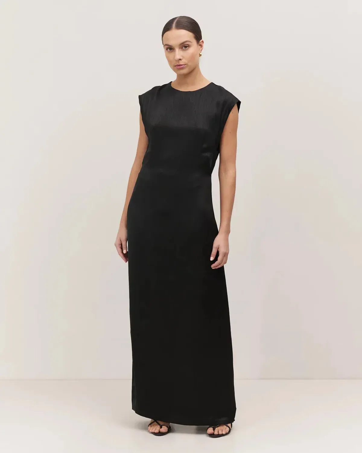 Minima Esenciales Lillian Linear Satin Maxi Dress Black Size 10 for rent on The Volte - main image