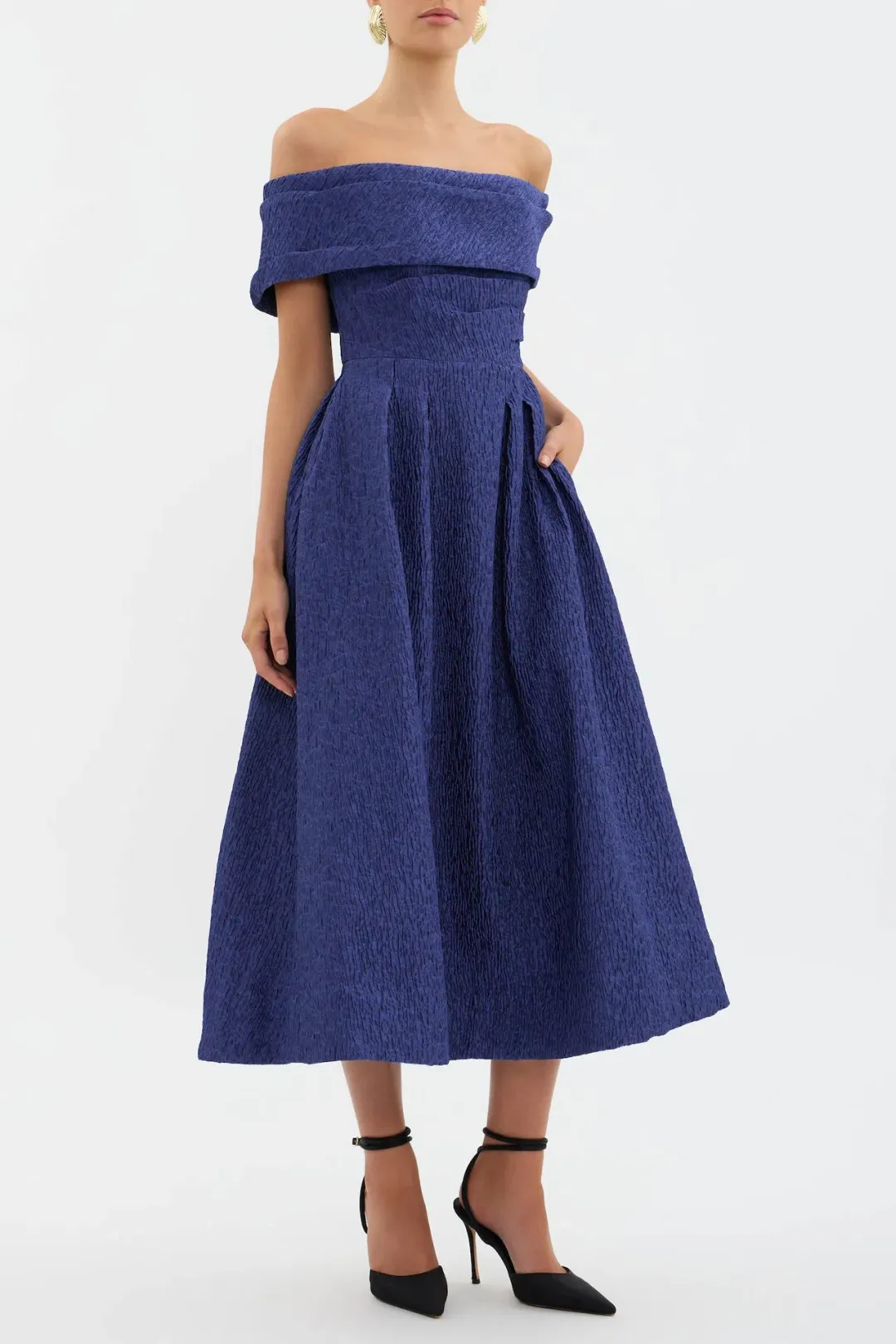 Rebecca Vallance Helene Off Shoulder Midi Dress Blue Size 12 for rent on The Volte - main image