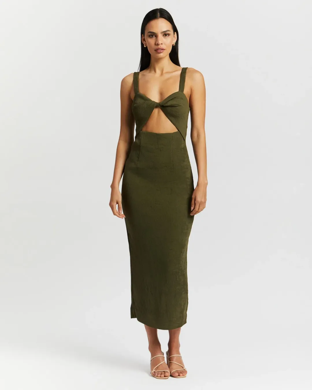 Shona Joy Simone Fitted Cut Out Midi Dress Olive Green Size 6 for rent on The Volte - main image